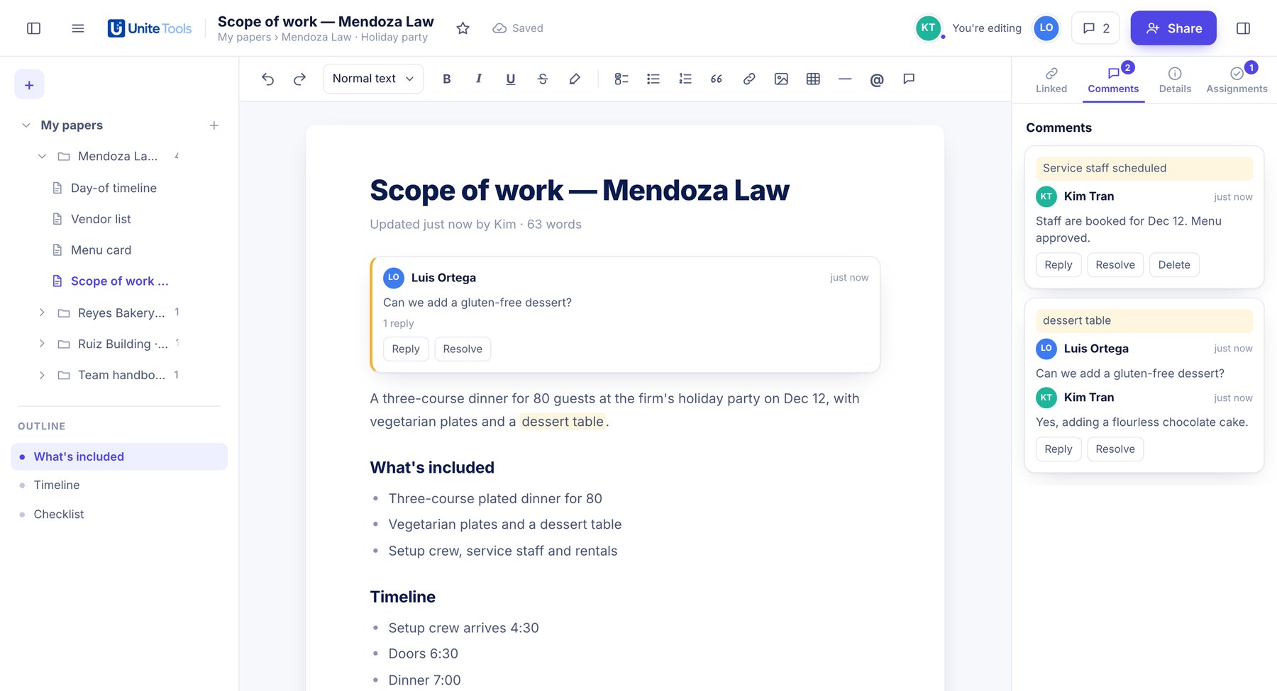 Unite Tools Docs: a folder list on the left, the Scope of work doc for the Mendoza Law holiday party in the middle, and a comment thread on the right